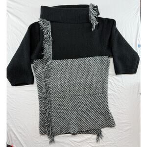 GILI Sweater Womens XXS-S Black Gray Cowl Neck Fringe Tunic Poncho Top Knit